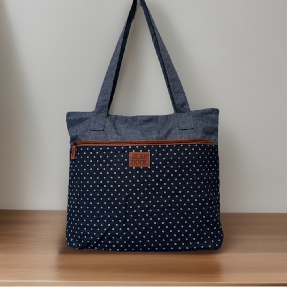 Blue Jean Polka Dot Tote Bag with Zipper